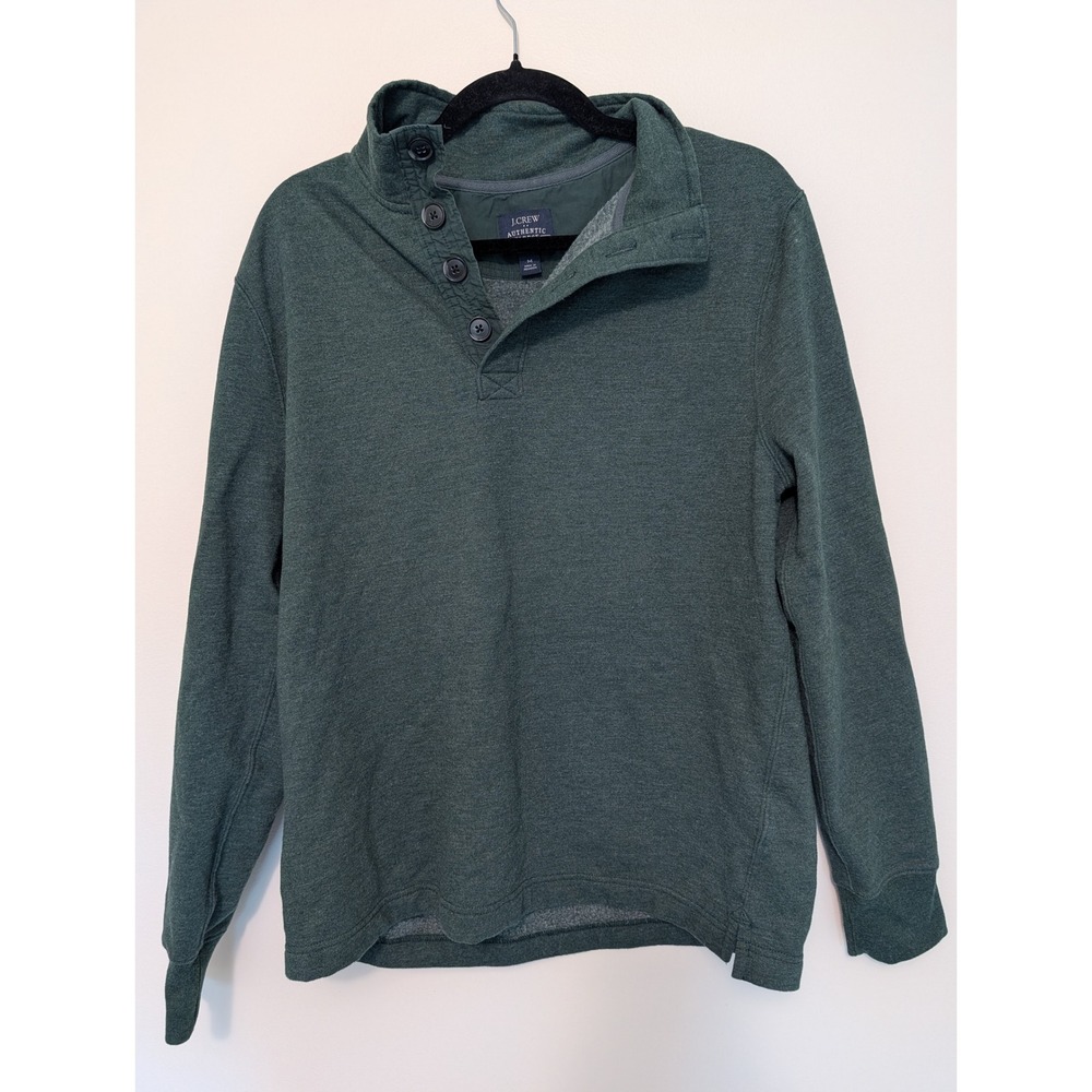 J Crew Authentic Fleece Mock Neck Henley Sweatshirt Mens Medium Heather Green